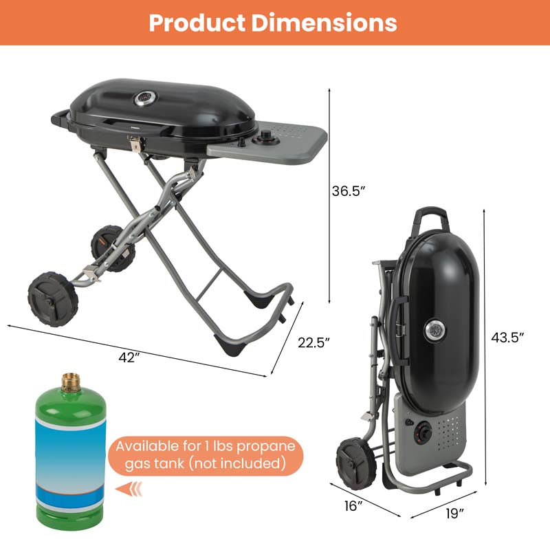 15,000 BTU Folding Stand-Up Gas Grill for Outdoor Cooking Camping, Portable Propane BBQ Grill with Side Table, 2 Wheels, Grease Tray