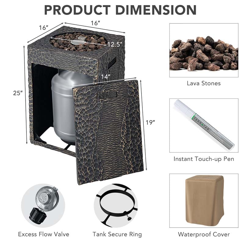 16" Square Outdoor Propane Firepit, 30000 BTU Gas Fire Pit with Lava Rocks & Waterproof Cover