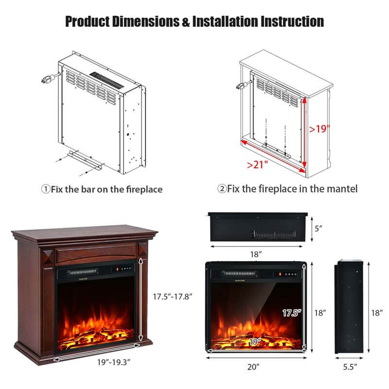 18" 1500W Electric Fireplace Heater with 5 Flame Effects, Freestanding & Wall Mounted Electric Fireplace Insert