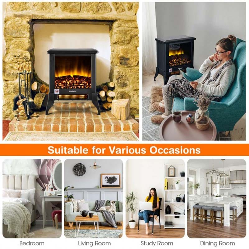 18" Electric Fireplace Stove, 1400W Portable Space Heater with Realistic Flame Effect, Adjustable Temperature