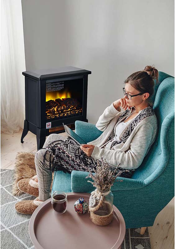 18" Electric Fireplace Stove, 1400W Portable Space Heater with Realistic Flame Effect, Adjustable Temperature