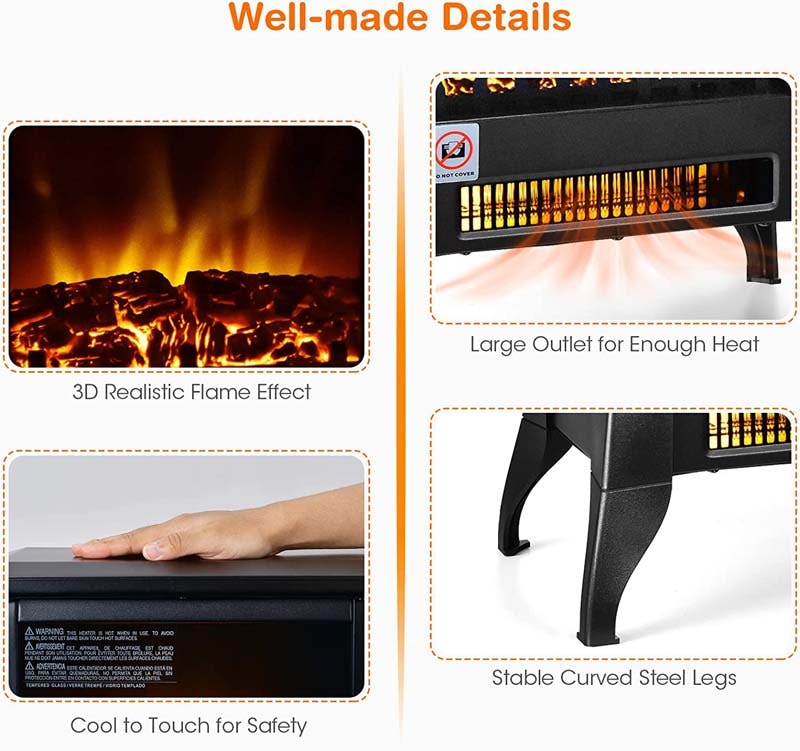 18" Electric Fireplace Stove, 1400W Portable Space Heater with Realistic Flame Effect, Adjustable Temperature