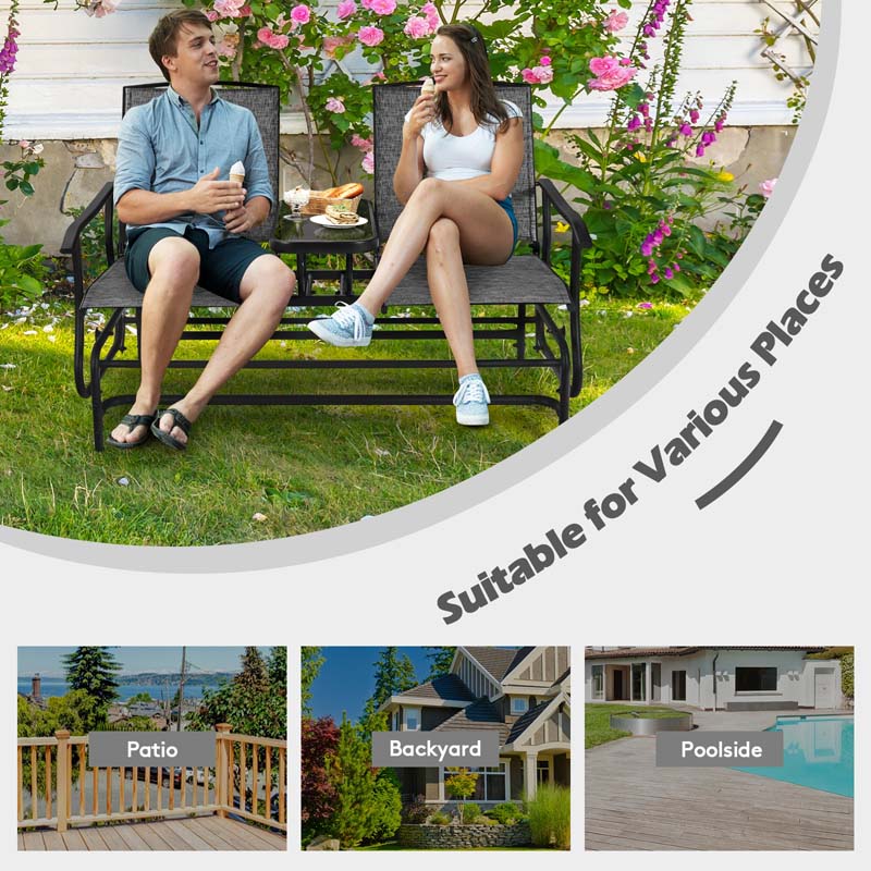 2-Person Outdoor Bench Glider Chair with Center Table, Mesh Fabric Rocking Loveseat for Patio