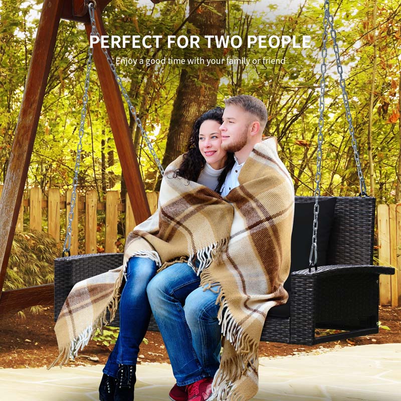 2-Person Rattan Wicker Outdoor Patio Hanging Porch Swing Bench Chair with Sturdy Steel Chain & Cushions