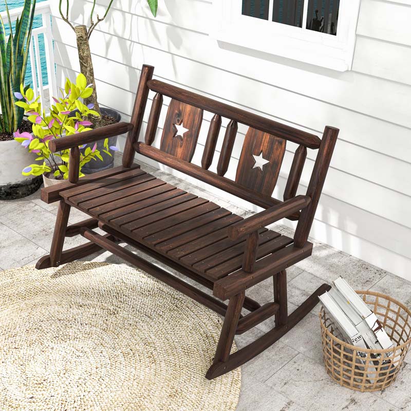 Rustic Carbonized Wood Double Rocker Chair Loveseat with Ergonomic Seat, 2-Person Patio Rocking Bench for Backyard Porch Garden