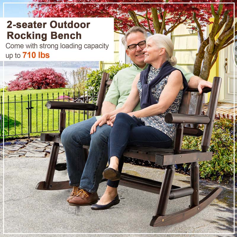 Rustic Carbonized Wood Double Rocker Chair Loveseat with Ergonomic Seat, 2-Person Patio Rocking Bench for Backyard Porch Garden