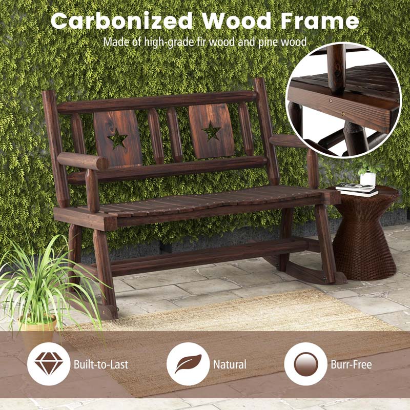 Rustic Carbonized Wood Double Rocker Chair Loveseat with Ergonomic Seat, 2-Person Patio Rocking Bench for Backyard Porch Garden
