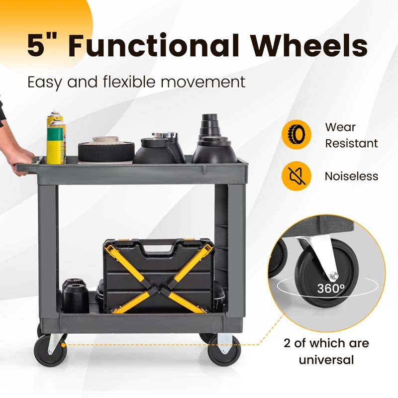 2-Tier Industrial Service Utility Cart Heavy-Duty PP Rolling Work Cart with 550 LBS Max Load and Storage Handle
