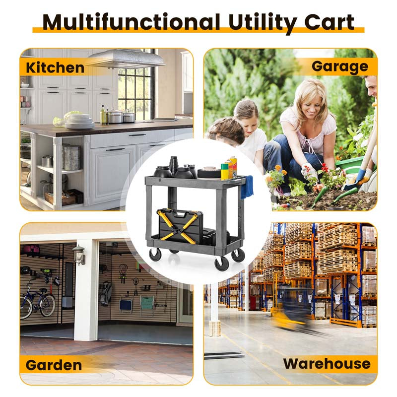 2-Tier Industrial Service Utility Cart Heavy-Duty PP Rolling Work Cart with 550 LBS Max Load and Storage Handle