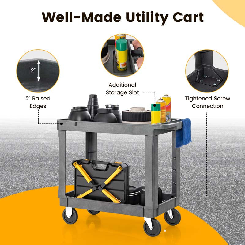 2-Tier Industrial Service Utility Cart Heavy-Duty PP Rolling Work Cart with 550 LBS Max Load and Storage Handle