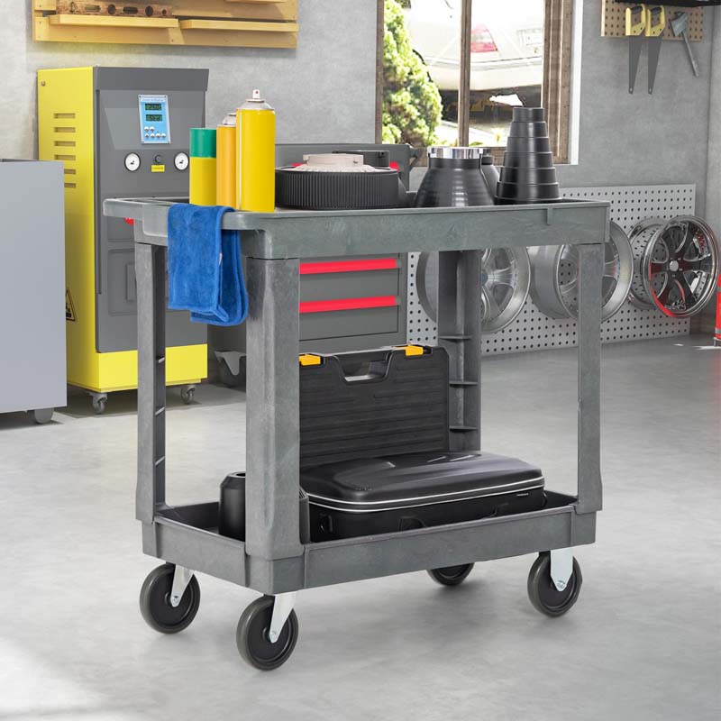 2-Tier Industrial Service Utility Cart Heavy-Duty PP Rolling Work Cart with 550 LBS Max Load and Storage Handle