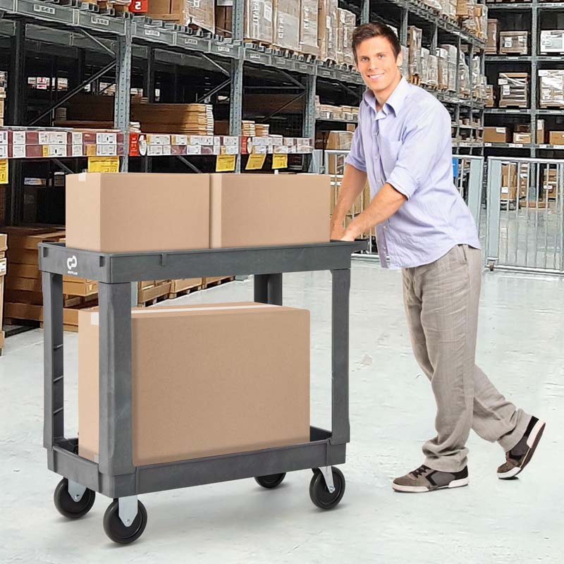 2-Tier Industrial Service Utility Cart Heavy-Duty PP Rolling Work Cart with 550 LBS Max Load and Storage Handle