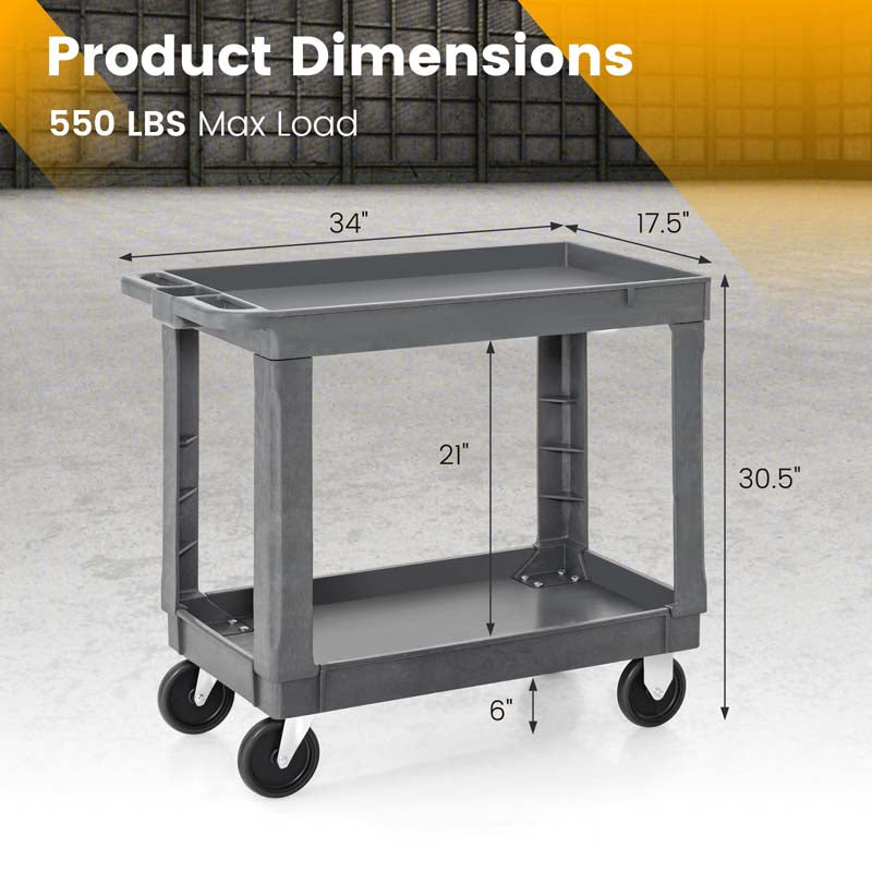 2-Tier Industrial Service Utility Cart Heavy-Duty PP Rolling Work Cart with 550 LBS Max Load and Storage Handle