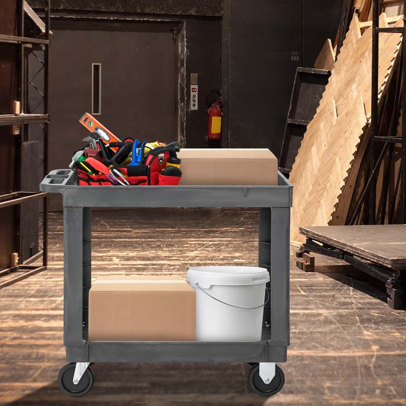2-Tier Industrial Service Utility Cart Heavy-Duty PP Rolling Work Cart with 550 LBS Max Load and Storage Handle
