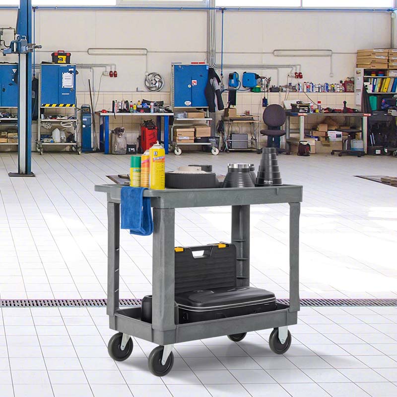 2-Tier Industrial Service Utility Cart Heavy-Duty PP Rolling Work Cart with 550 LBS Max Load and Storage Handle
