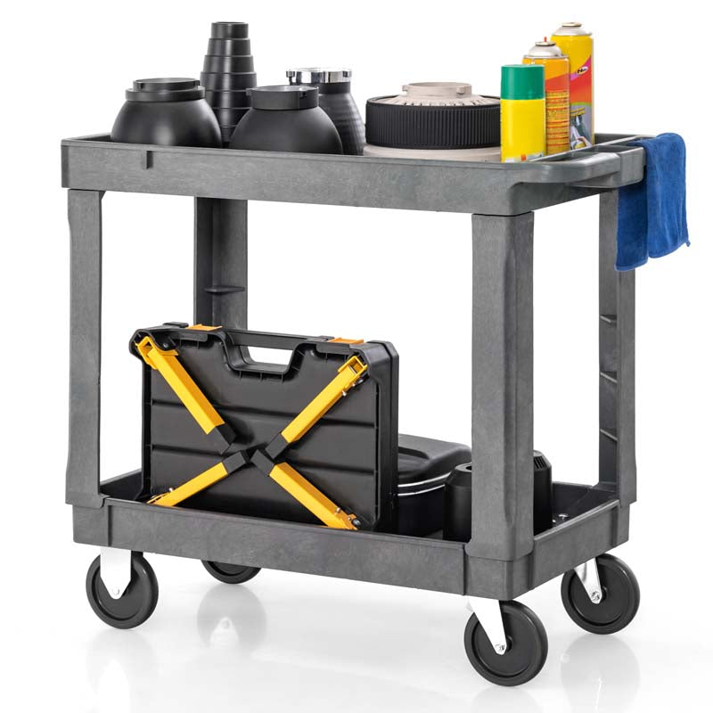2-Tier Industrial Service Utility Cart Heavy-Duty PP Rolling Work Cart with 550 LBS Max Load and Storage Handle