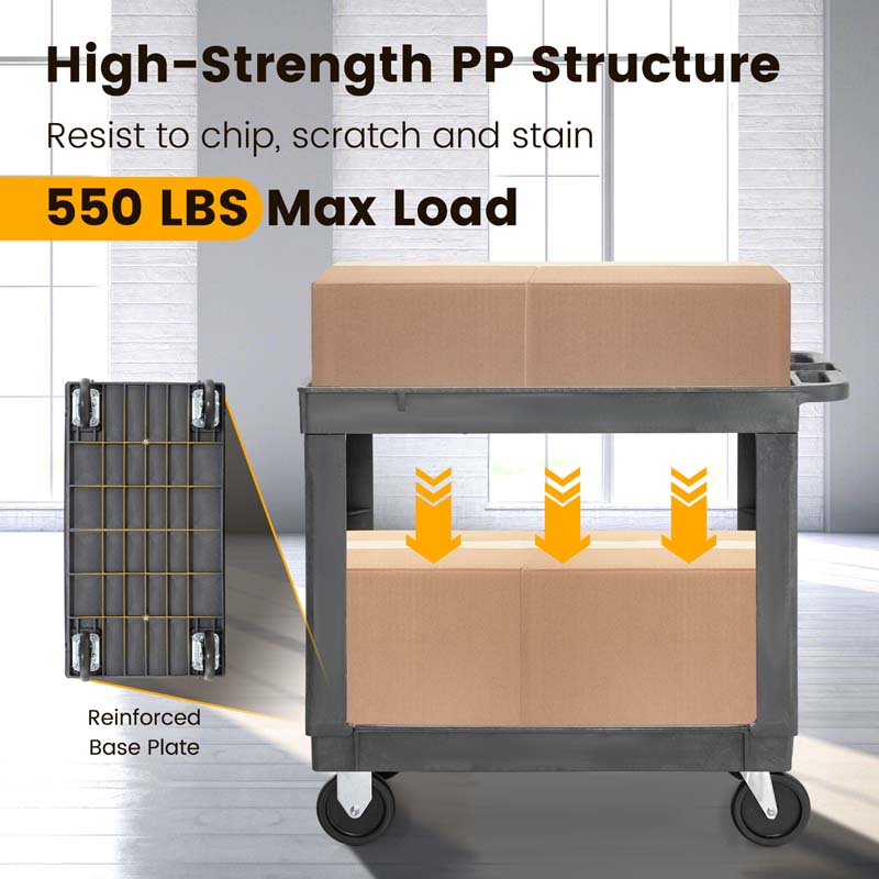 2-Tier Industrial Service Utility Cart Heavy-Duty PP Rolling Work Cart with 550 LBS Max Load and Storage Handle
