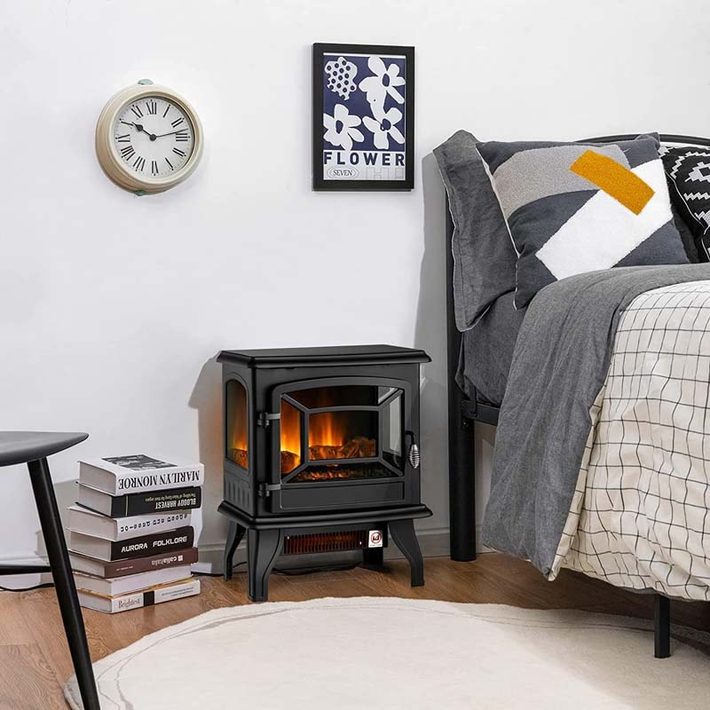 20" Freestanding Electric Fireplace Stove Heater, 1400W Portable Space Heater with Realistic Flame Effect