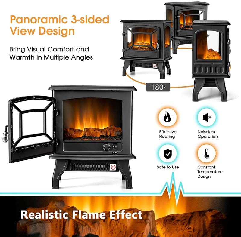 20" Freestanding Electric Fireplace Stove Heater, 1400W Portable Space Heater with Realistic Flame Effect
