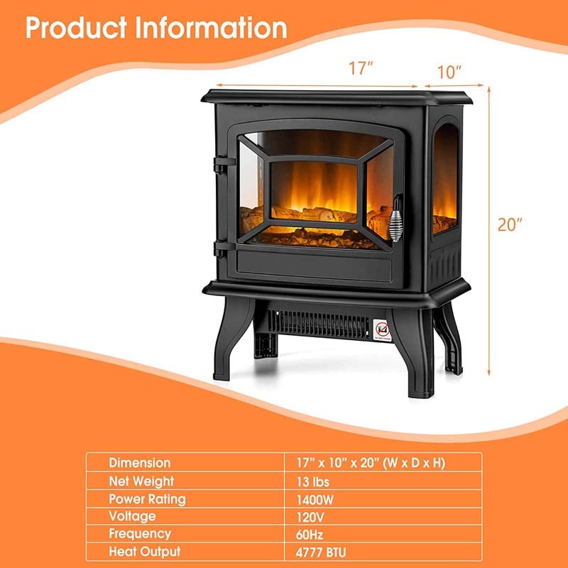20" Freestanding Electric Fireplace Stove Heater, 1400W Portable Space Heater with Realistic Flame Effect