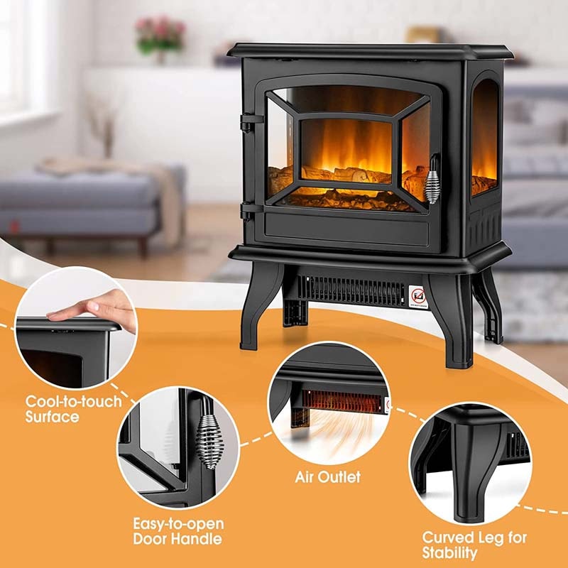 20" Freestanding Electric Fireplace Stove Heater, 1400W Portable Space Heater with Realistic Flame Effect