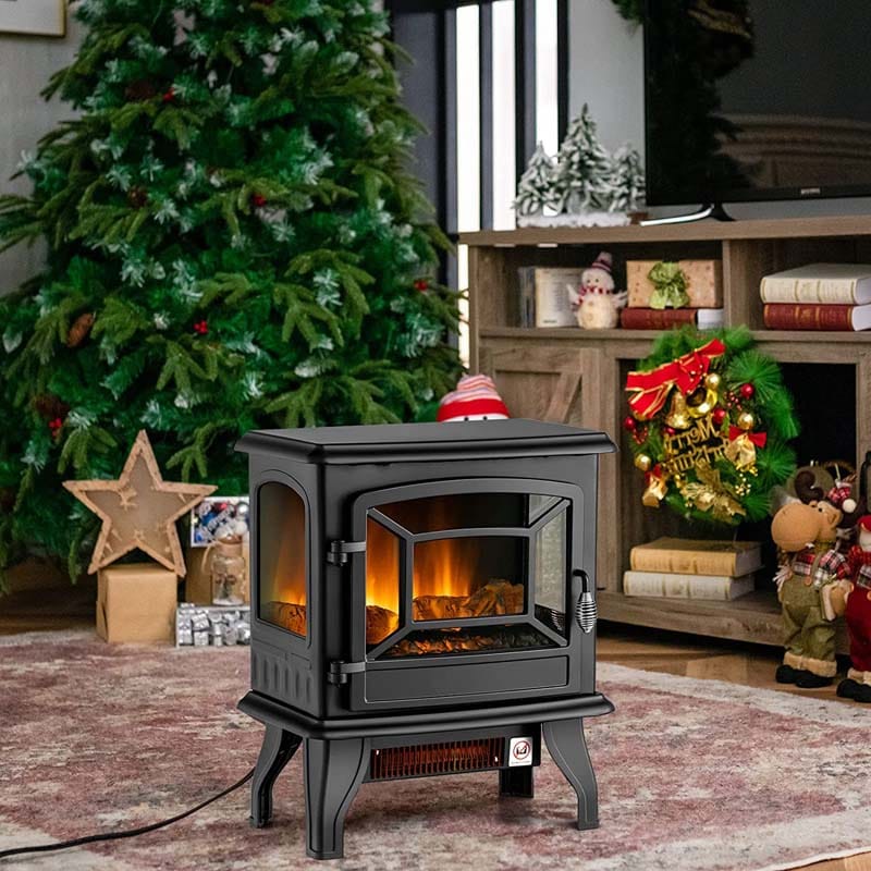 20" Freestanding Electric Fireplace Stove Heater, 1400W Portable Space Heater with Realistic Flame Effect