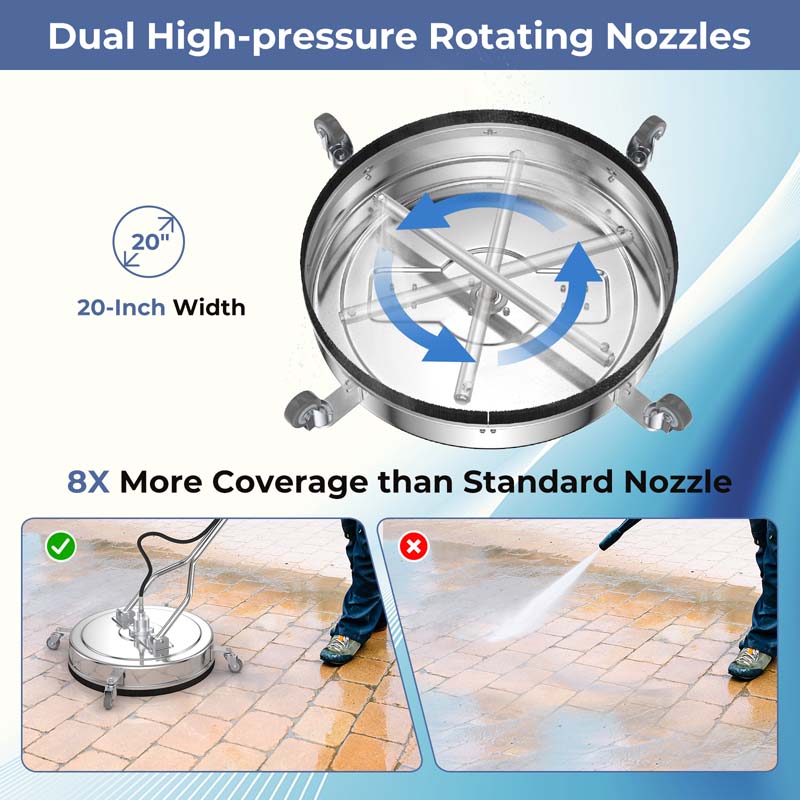 20" 4000 PSI Pressure Washer Surface Cleaner w/Casters, Dual Handles, Stainless Steel Housing, 3/8'' Quick-Connect