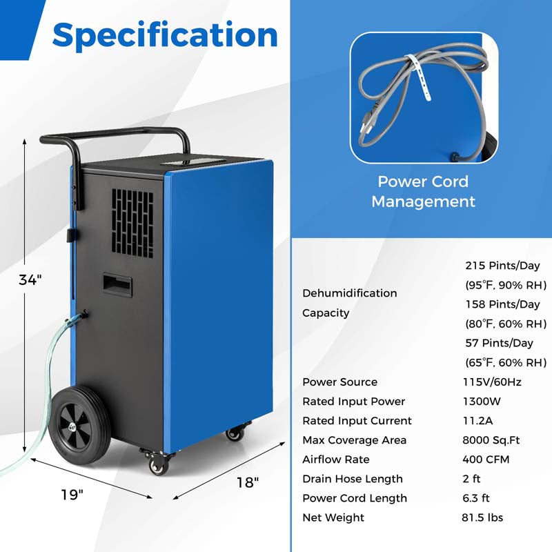 215 Pints 8000 Sq.Ft Commercial Industrial Dehumidifier for Basement Warehouse w/Drain Hose, Handle & Universal Wheels