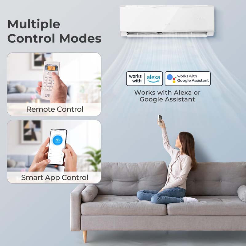 24,000 BTU Wifi Enabled Mini Split Air Conditioner Heater with Alexa, 21 SEER2 208-230V Wall-Mounted Ductless Inverter AC Unit