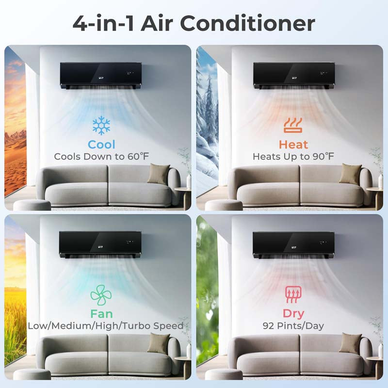 24,000 BTU Wifi Enabled Mini Split Air Conditioner Heater with Alexa, 21 SEER2 208-230V Wall-Mounted Ductless Inverter AC Unit