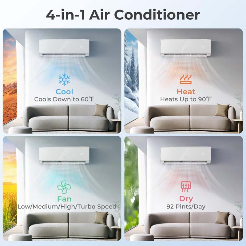 24,000 BTU Wifi Enabled Mini Split Air Conditioner Heater with Alexa, 21 SEER2 208-230V Wall-Mounted Ductless Inverter AC Unit