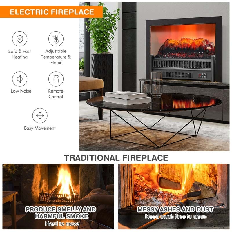 23" Freestanding Electric Fireplace Log Heater, 1400W Electric Stove Insert with Realistic Flame & Remote Control