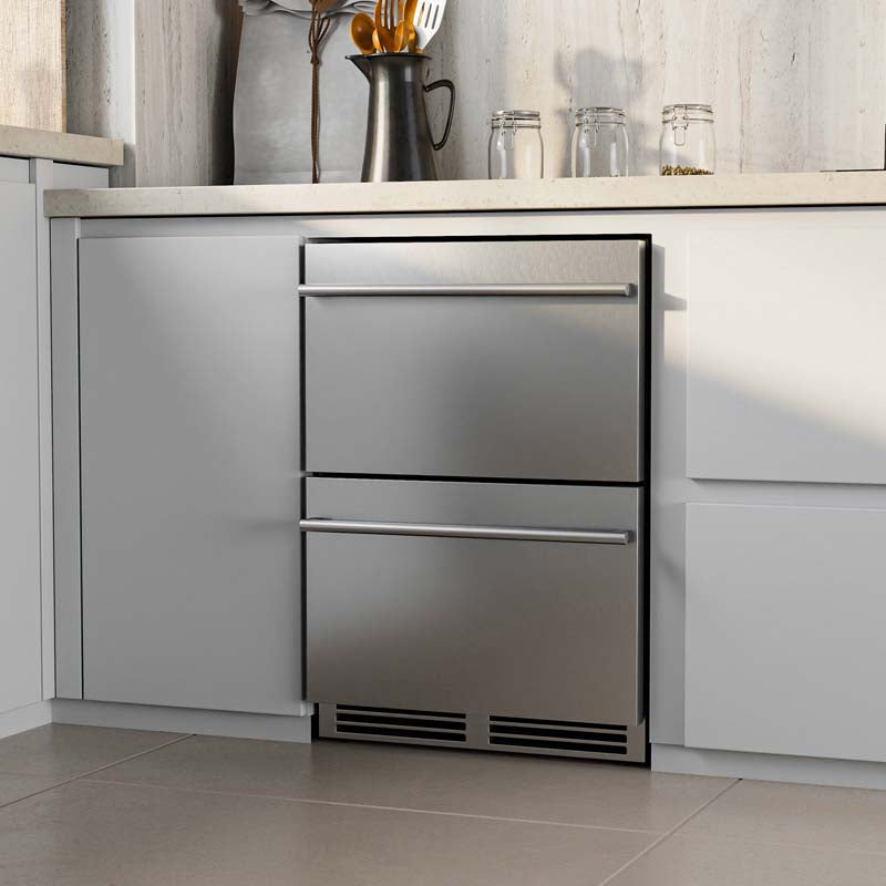 4.9 Cu.Ft Dual Drawer Fridge with 37?-64? Temperature Range, 24 Inch Under Counter & Freestanding Refrigerator Cooler for Beverages Wine Vegetables Fruits