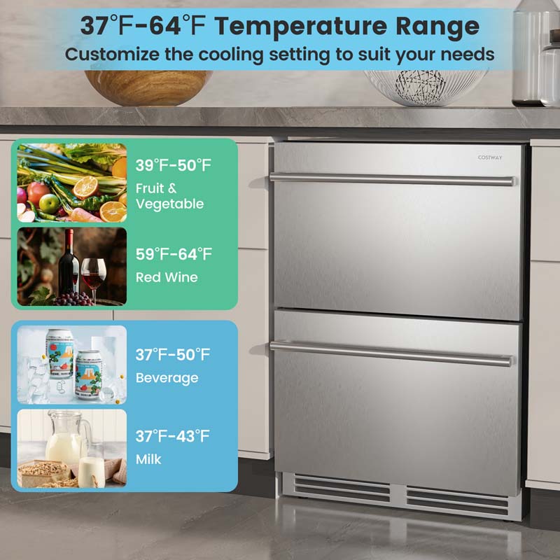 4.9 Cu.Ft Dual Drawer Fridge with 37?-64? Temperature Range, 24 Inch Under Counter & Freestanding Refrigerator Cooler for Beverages Wine Vegetables Fruits