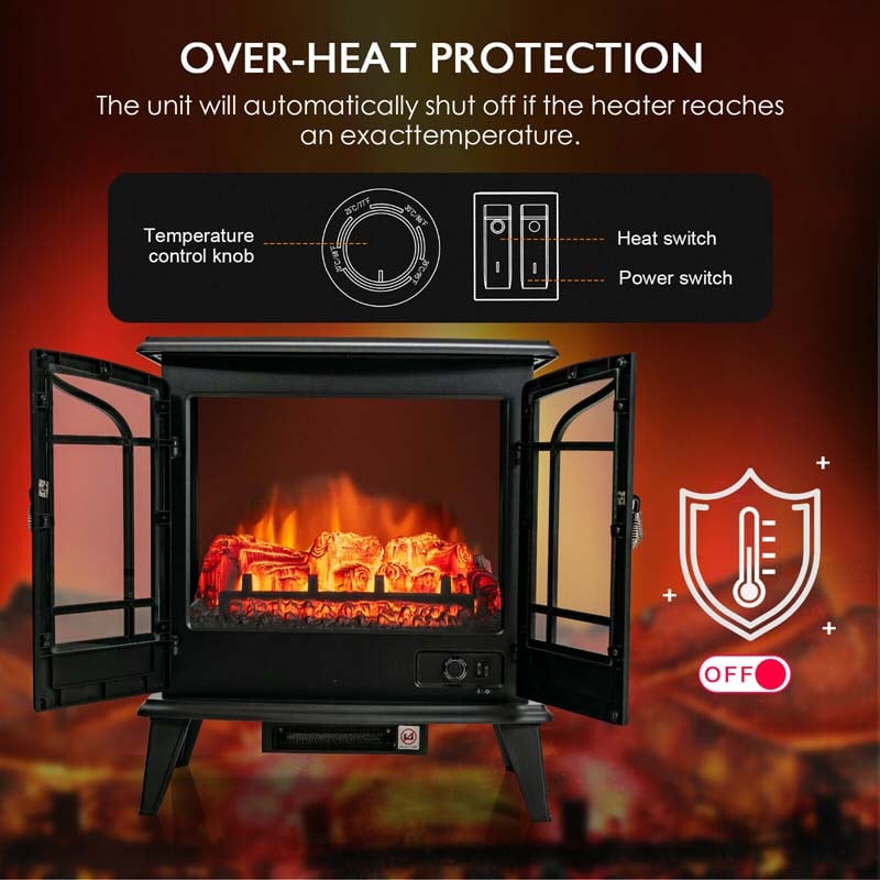 25" Electric Fireplace Stove, 1400W Freestanding Fireplace Heater, Electric Stove Heater with Realistic Flame Effect