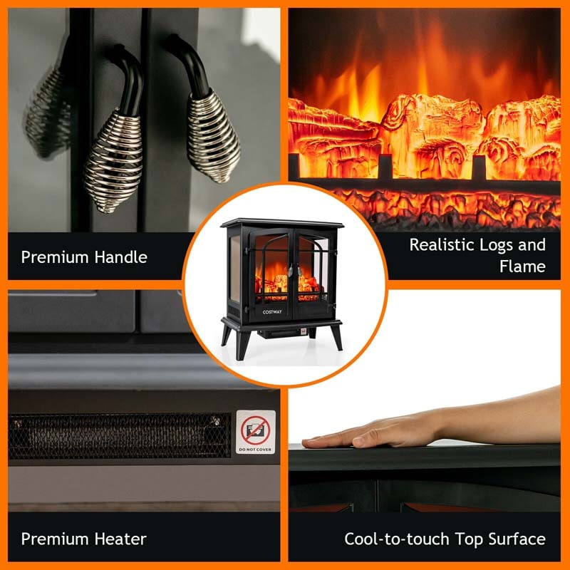 25" Electric Fireplace Stove, 1400W Freestanding Fireplace Heater, Electric Stove Heater with Realistic Flame Effect