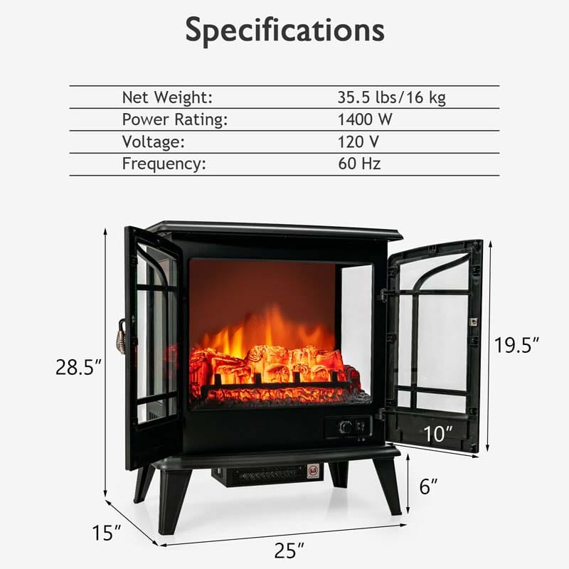 25" Electric Fireplace Stove, 1400W Freestanding Fireplace Heater, Electric Stove Heater with Realistic Flame Effect