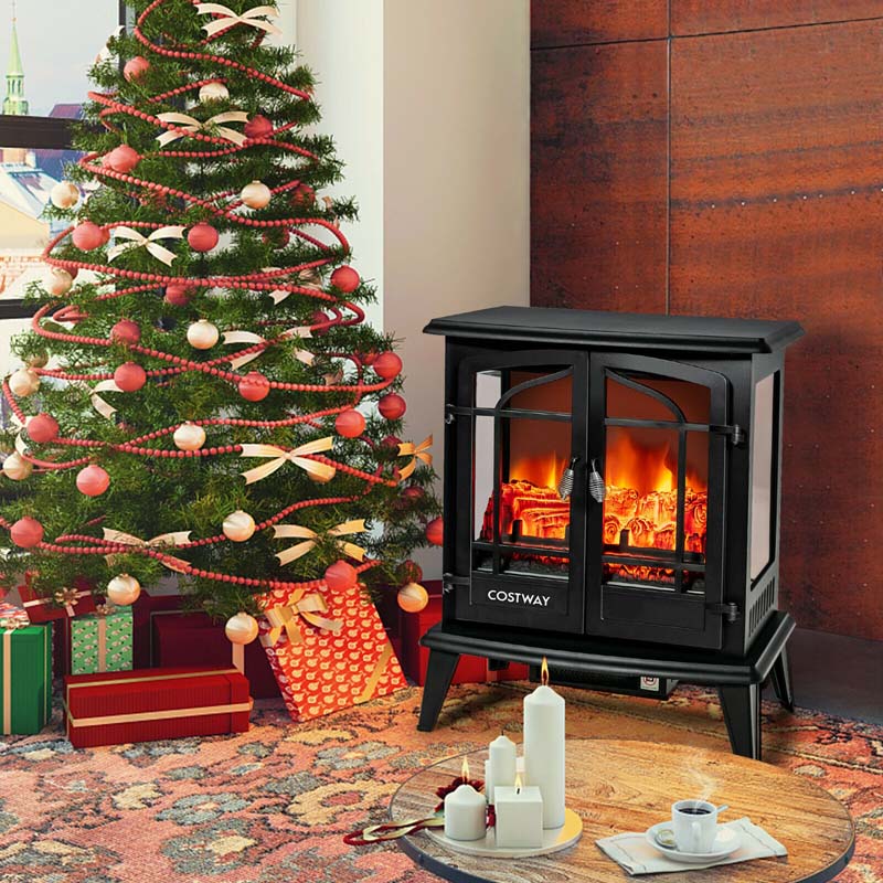 25" Electric Fireplace Stove, 1400W Freestanding Fireplace Heater, Electric Stove Heater with Realistic Flame Effect