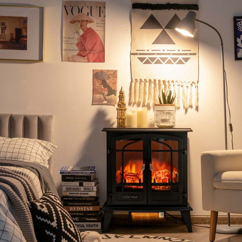 25" Electric Fireplace Stove, 1400W Freestanding Fireplace Heater, Electric Stove Heater with Realistic Flame Effect