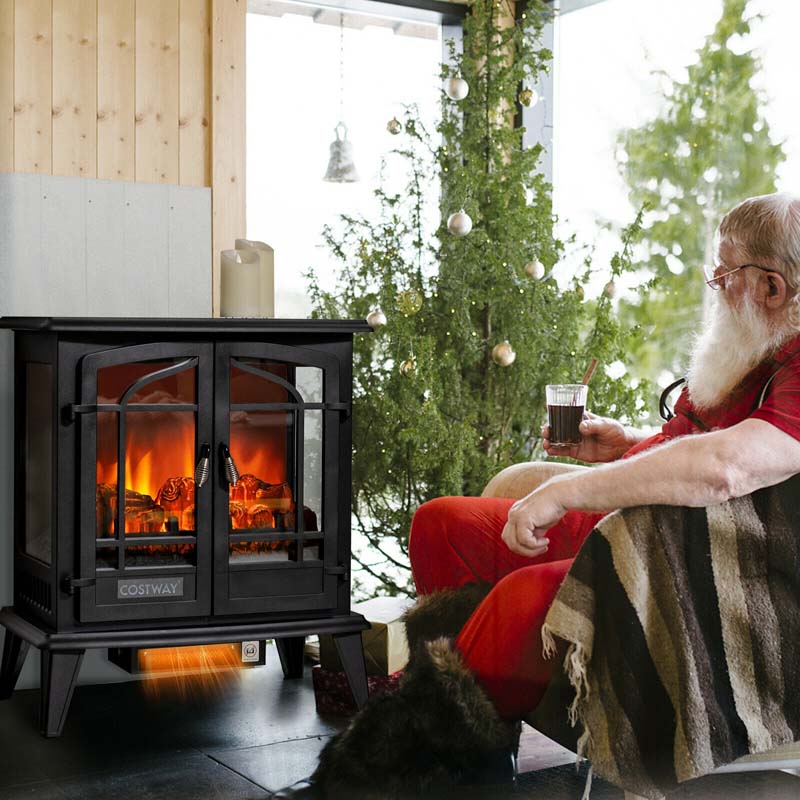25" Electric Fireplace Stove, 1400W Freestanding Fireplace Heater, Electric Stove Heater with Realistic Flame Effect