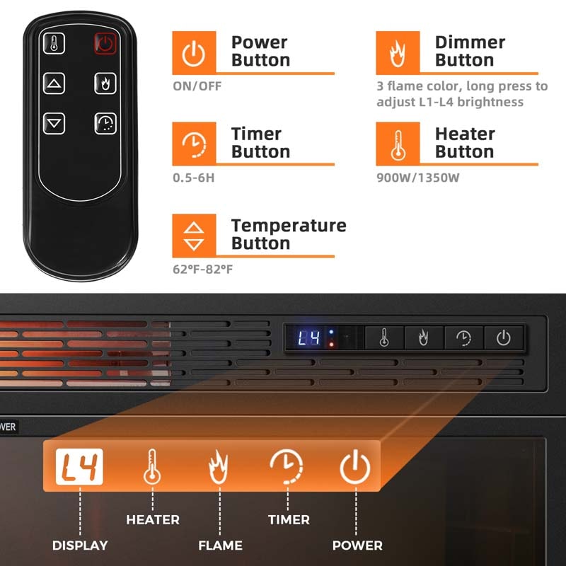 25" Recessed Electric Fireplace Heater with Flame Effect, Wall Mounted & Freestanding Electric Fireplace Insert