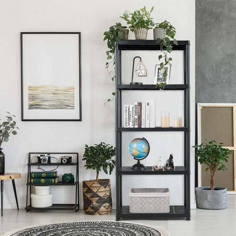 28"L x 15"W x 67"H 5-Tier Plastic Storage Shelving Rack, Freestanding Multi-Use Shelving Unit Organizer