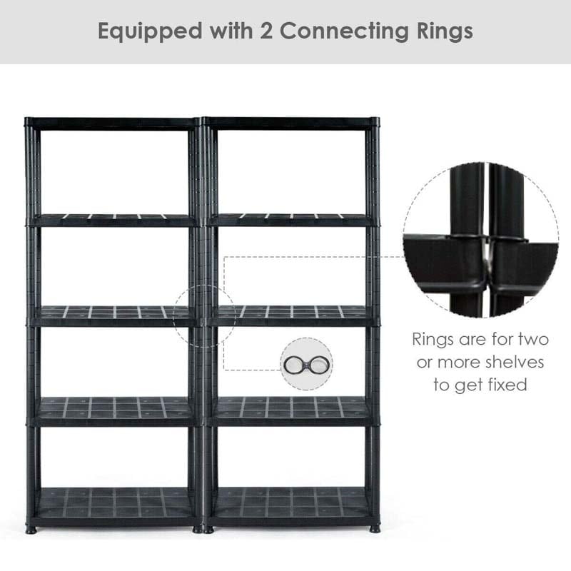28"L x 15"W x 67"H 5-Tier Plastic Storage Shelving Rack, Freestanding Multi-Use Shelving Unit Organizer