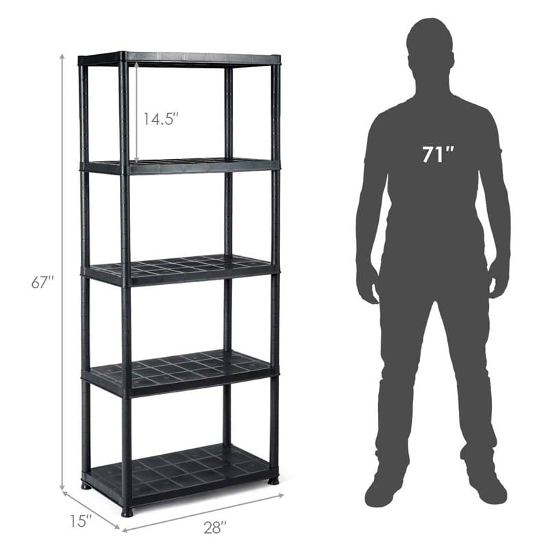 28"L x 15"W x 67"H 5-Tier Plastic Storage Shelving Rack, Freestanding Multi-Use Shelving Unit Organizer