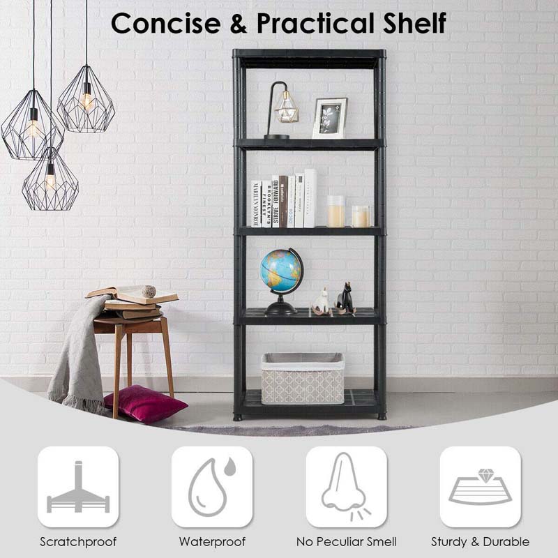 28"L x 15"W x 67"H 5-Tier Plastic Storage Shelving Rack, Freestanding Multi-Use Shelving Unit Organizer