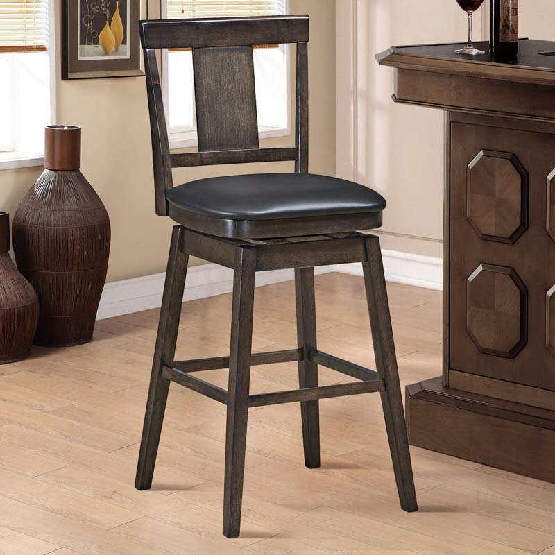 24"/29" Classic Wooden Swivel Bar Stool Leather Padded Bar Height Chair with Slat Back & Rubber Wood Legs