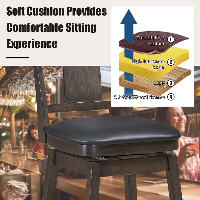 24"/29" Classic Wooden Swivel Bar Stool Leather Padded Bar Height Chair with Slat Back & Rubber Wood Legs