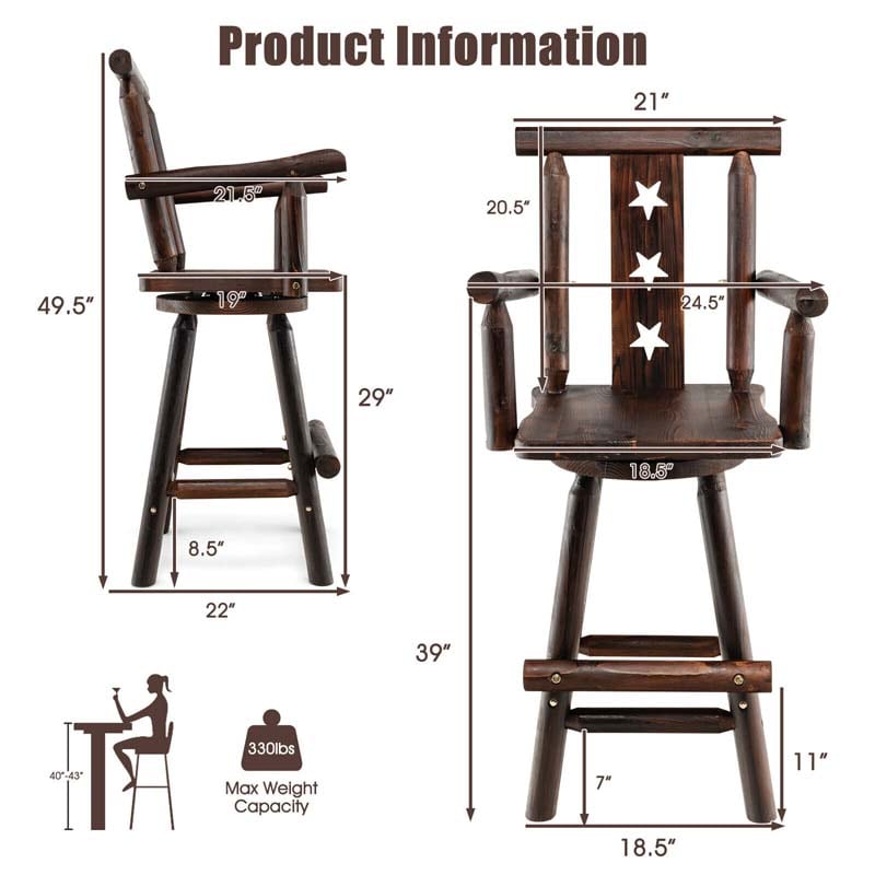 29" Rustic Swivel Bar Stool with Decorative Star Backrest, Solid Fir Wood Bar Chair for Dining Room Kitchen Pub