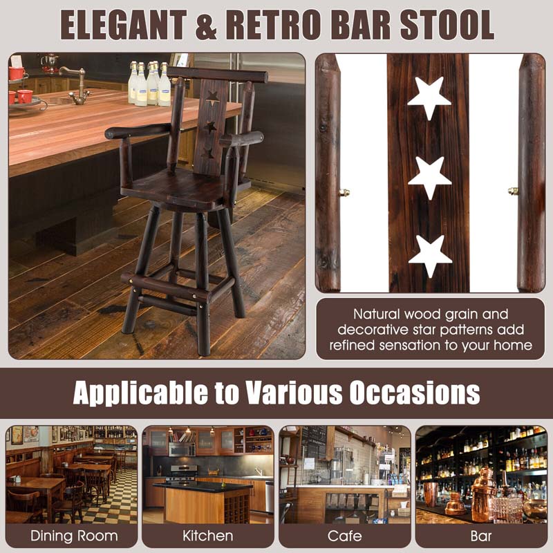 29" Rustic Swivel Bar Stool with Decorative Star Backrest, Solid Fir Wood Bar Chair for Dining Room Kitchen Pub