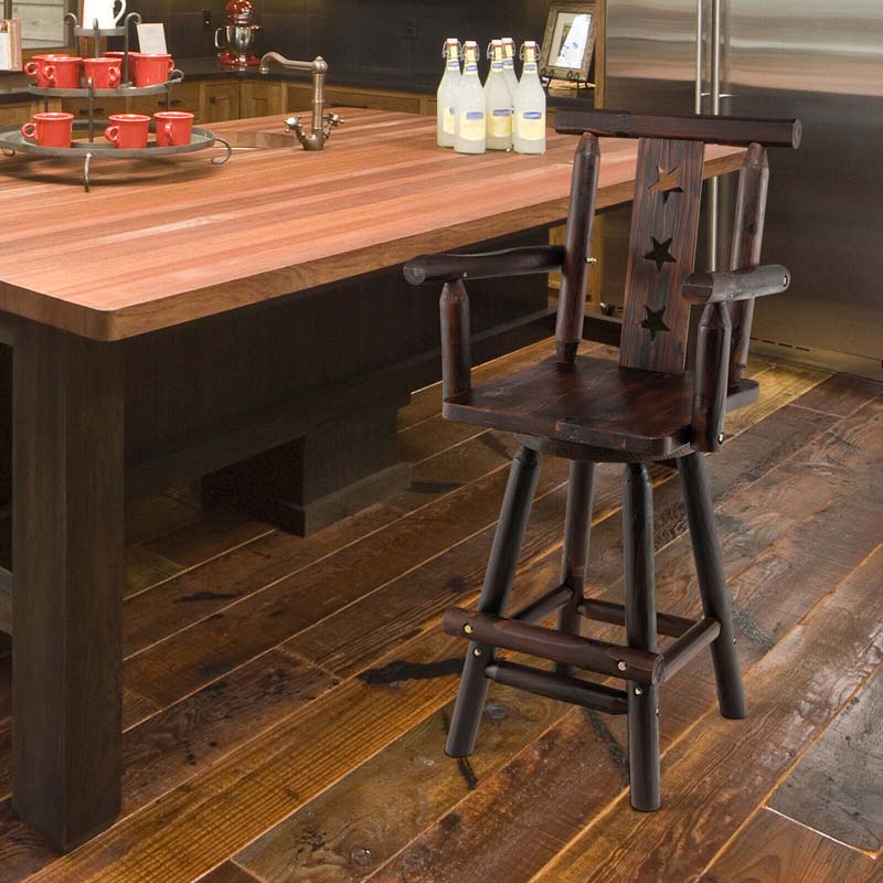 29" Rustic Swivel Bar Stool with Decorative Star Backrest, Solid Fir Wood Bar Chair for Dining Room Kitchen Pub